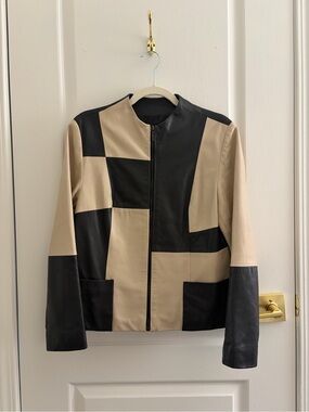 Two-Tone Black and Beige Women's Leather Jacket